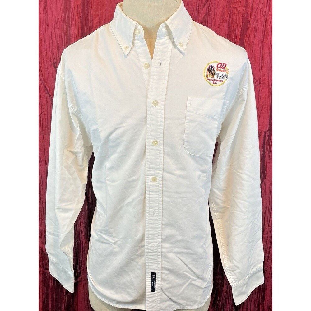 Mens Vntg Port Authority White Oxford LS Casual Shirt w OD Shag Club Logo sz Lg